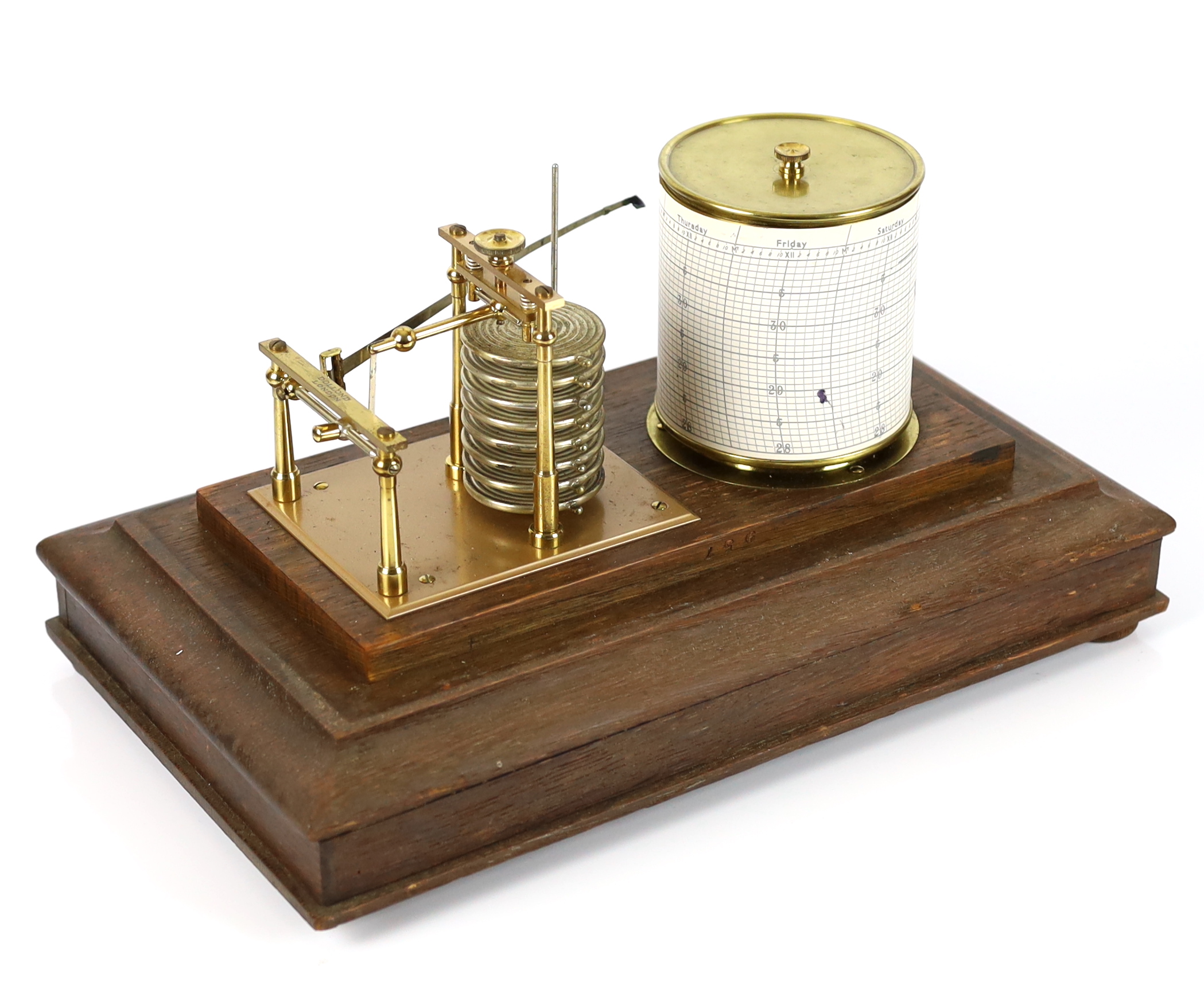 A barograph by Dollond in an oak case with bevelled glass panels and incorporating an ink bottle and a drawer with spare graph papers, 36.5cm x 21.5cm